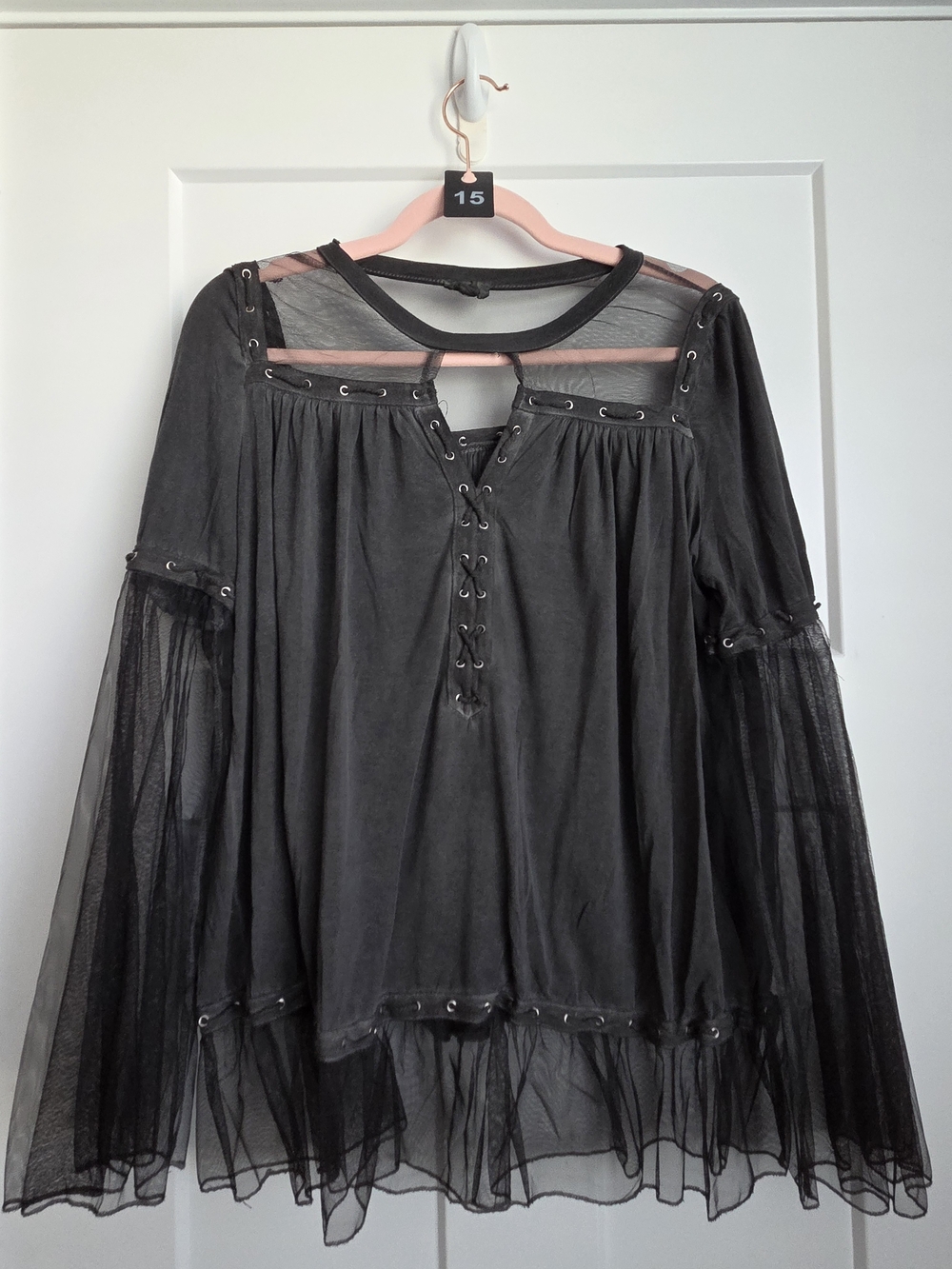 0035.  POL Sheer Black Lace-Up Blouse